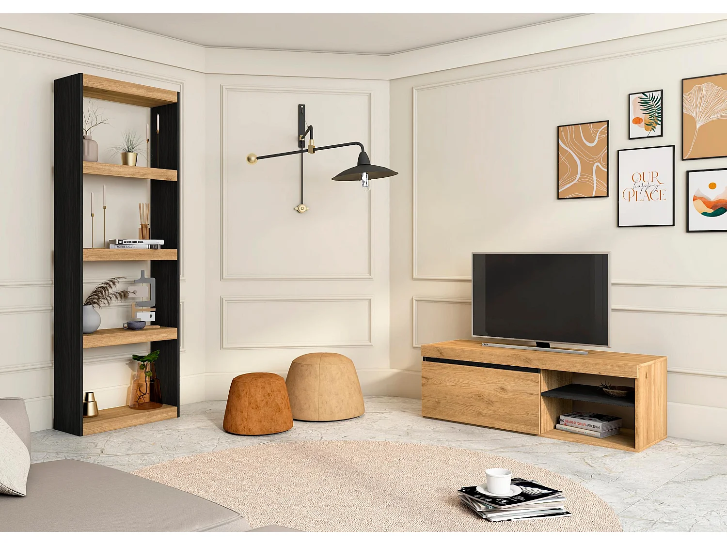 Ensemble NATURALE - Meuble TV 120 et Bibliothèque TOTEM  Couleur Chêne/Noir
