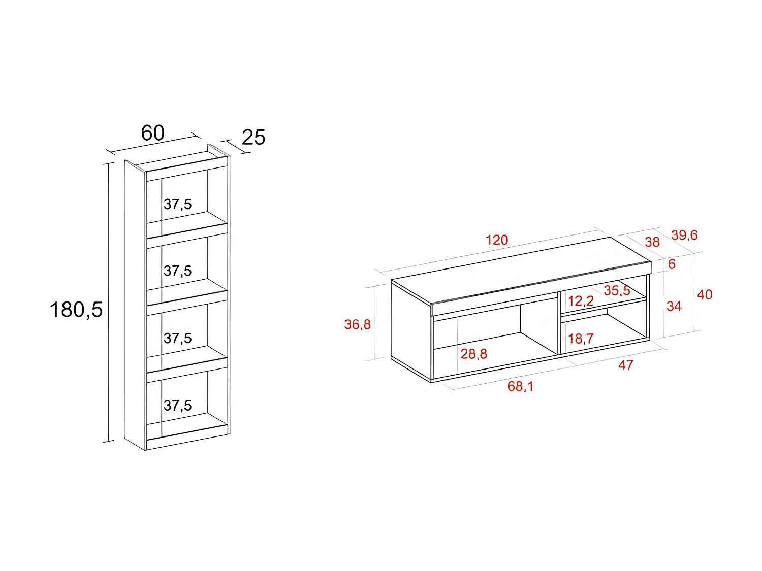 Ensemble NATURALE - Meuble TV 120 et Bibliothèque TOTEM  Couleur Chêne/Noir