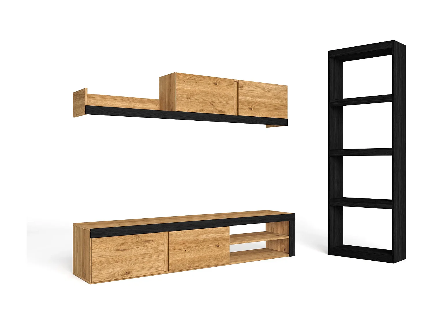Modulaire woonkamer set, IDEM- en totem -model, 200x40x180cm / 60x25x181cm, Tv -meubels en plank, Eik en zwart, Industriële stijl