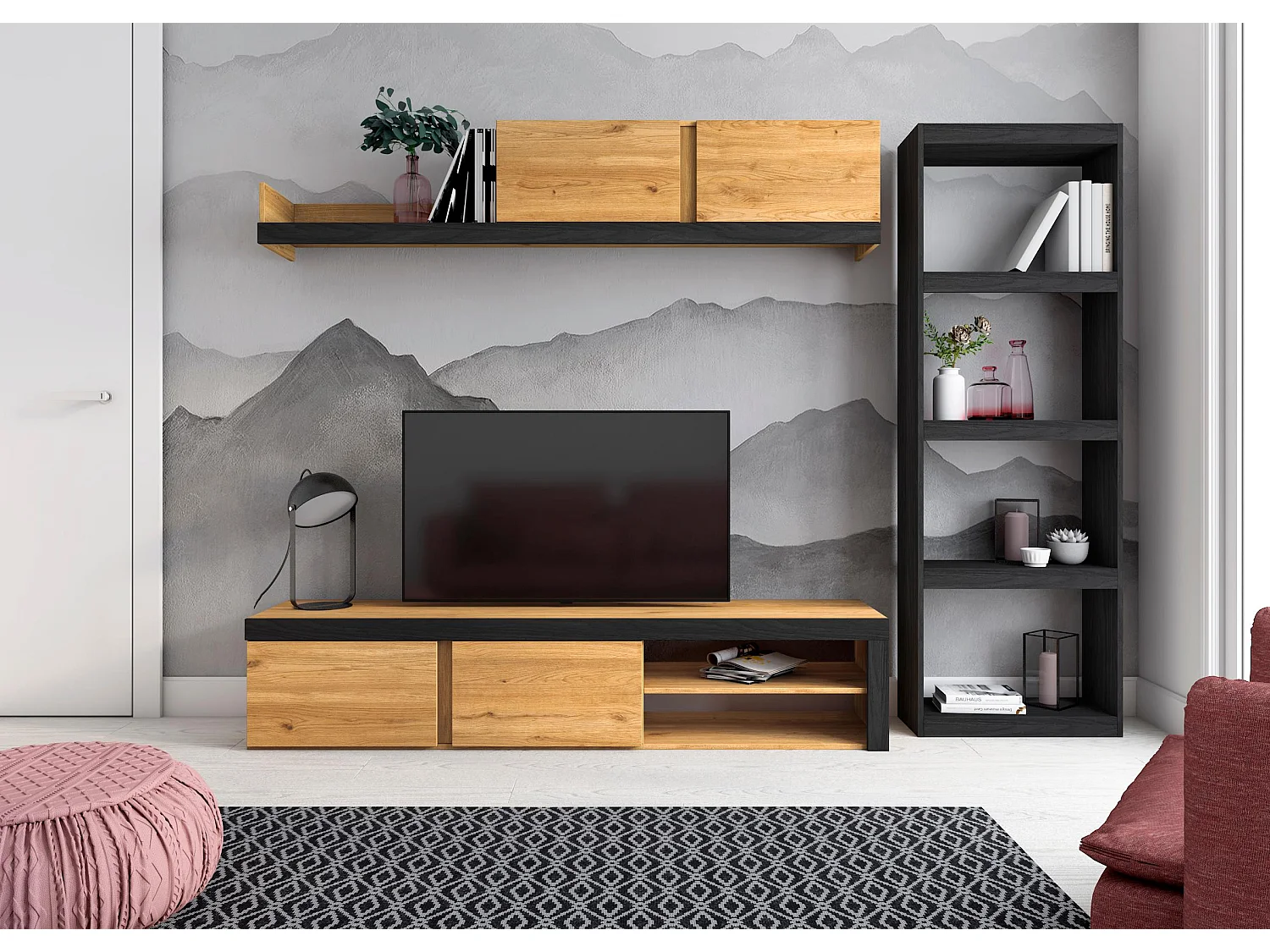 Modulaire woonkamer set, IDEM- en totem -model, 200x40x180cm / 60x25x181cm, Tv -meubels en plank, Eik en zwart, Industriële stijl