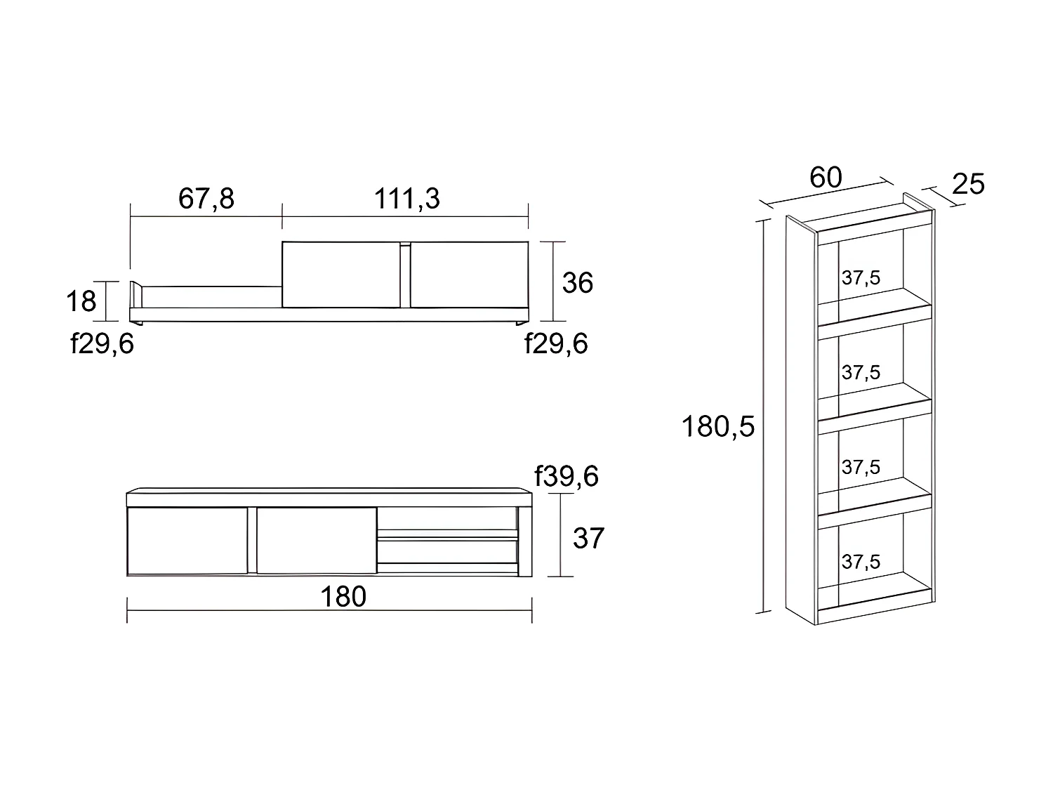 Modulaire woonkamer set, IDEM- en totem -model, 200x40x180cm / 60x25x181cm, Tv -meubels en plank, Eik en zwart, Industriële stijl