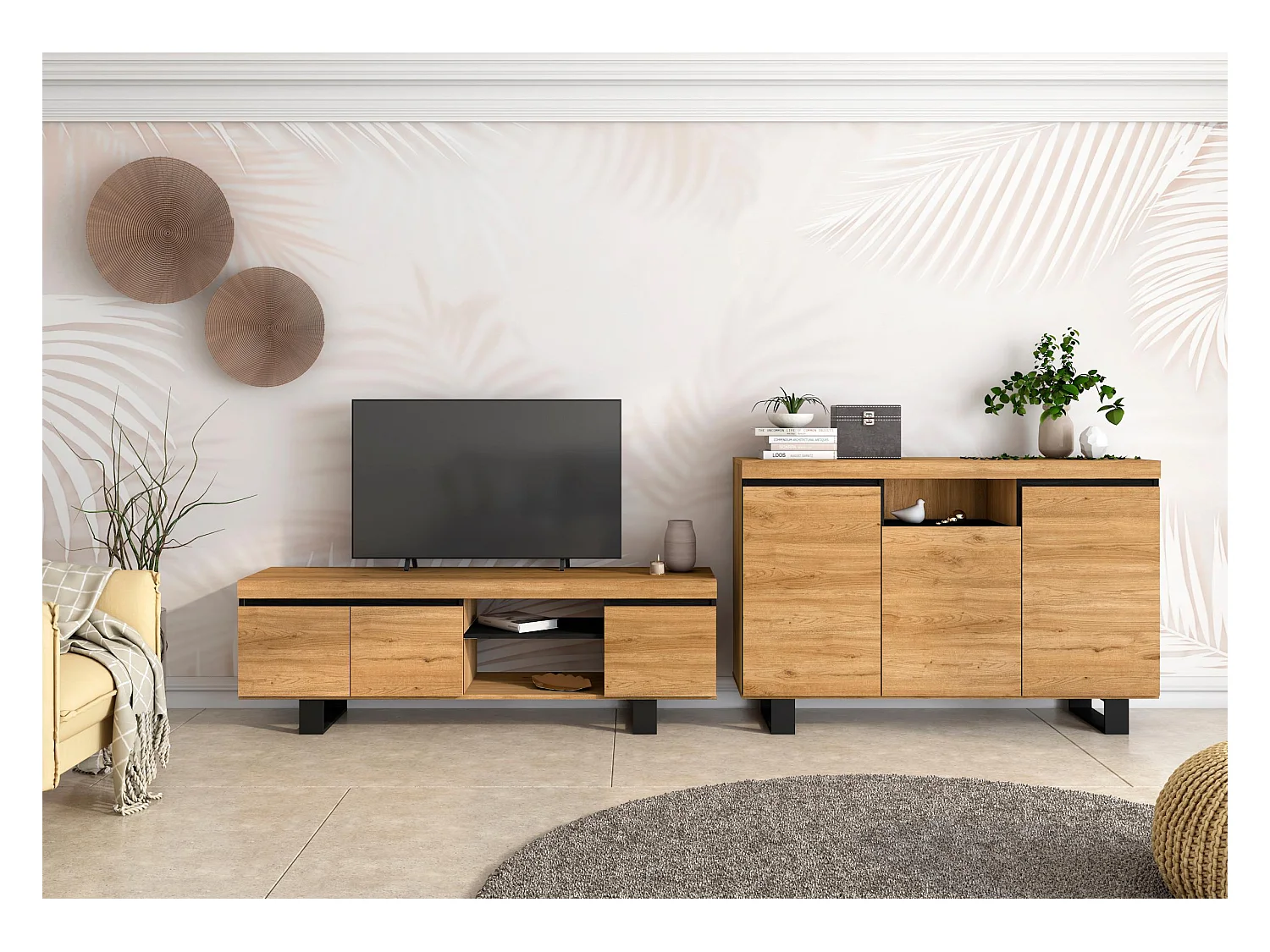 Furniture Set, NATORE MODEL, Buffet-mueble tv 160cm, Eetkamer, Eik en zwart, Industriële stijl