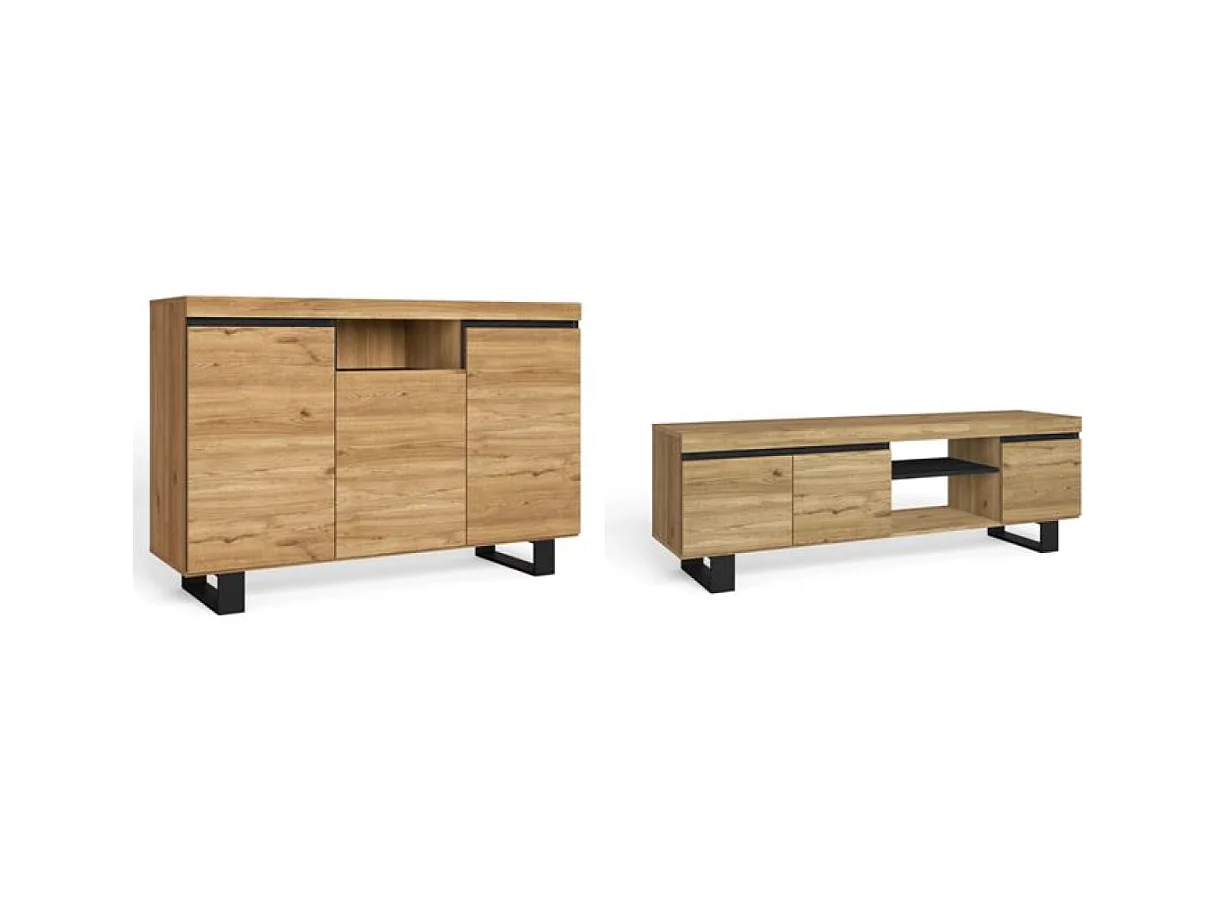 Furniture Set, NATORE MODEL, Buffet-mueble tv 160cm, Eetkamer, Eik en zwart, Industriële stijl