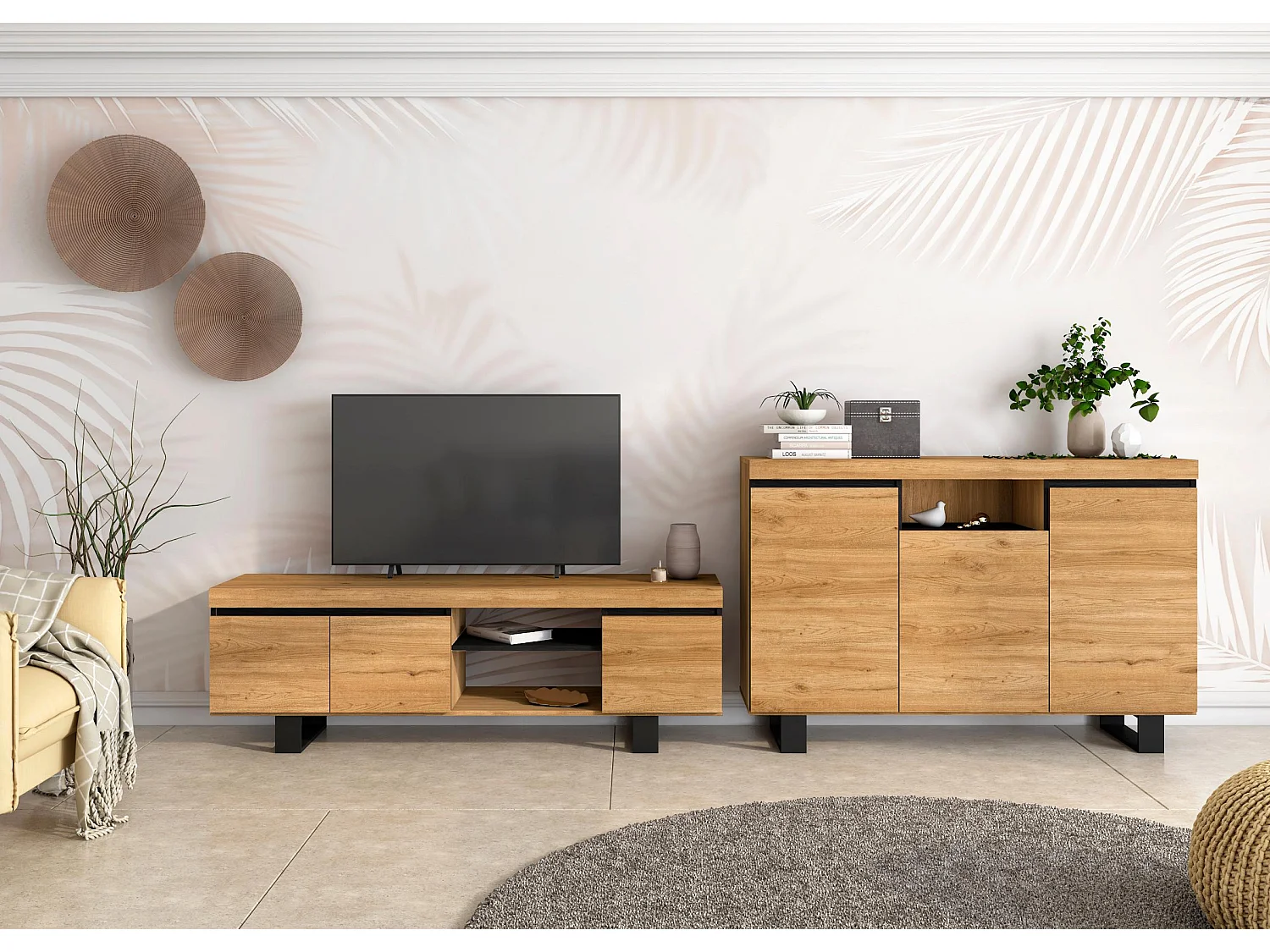 Set Naturale salle à manger, meuble auxiliaire, buffet-meuble TV 160cm chêne noir