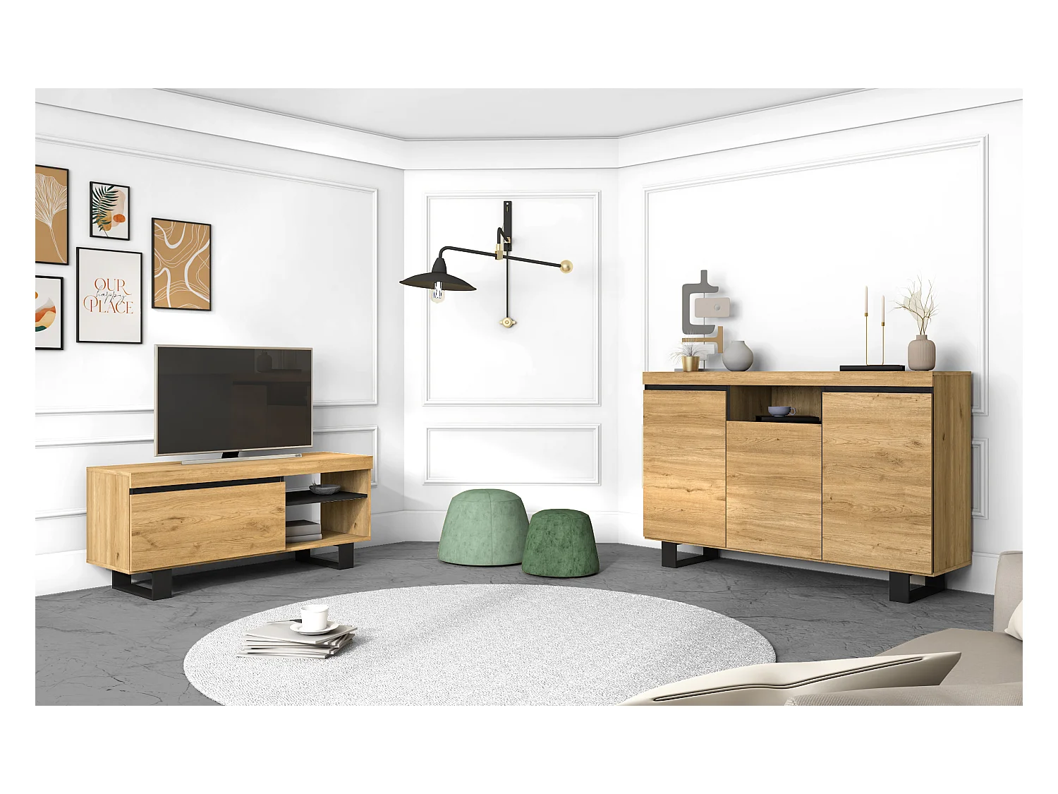 Set Naturale salle à manger, meuble auxiliaire, buffet-meuble TV 120cm chêne noir