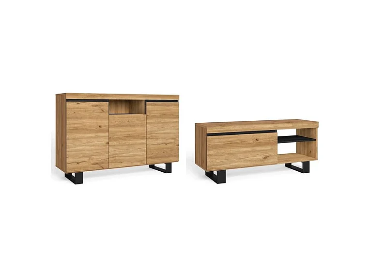 Set Naturale salle à manger, meuble auxiliaire, buffet-meuble TV 120cm chêne noir