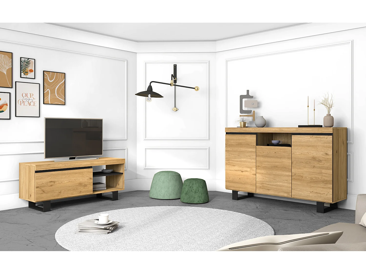 Set Naturale salle à manger, meuble auxiliaire, buffet-meuble TV 120cm chêne noir