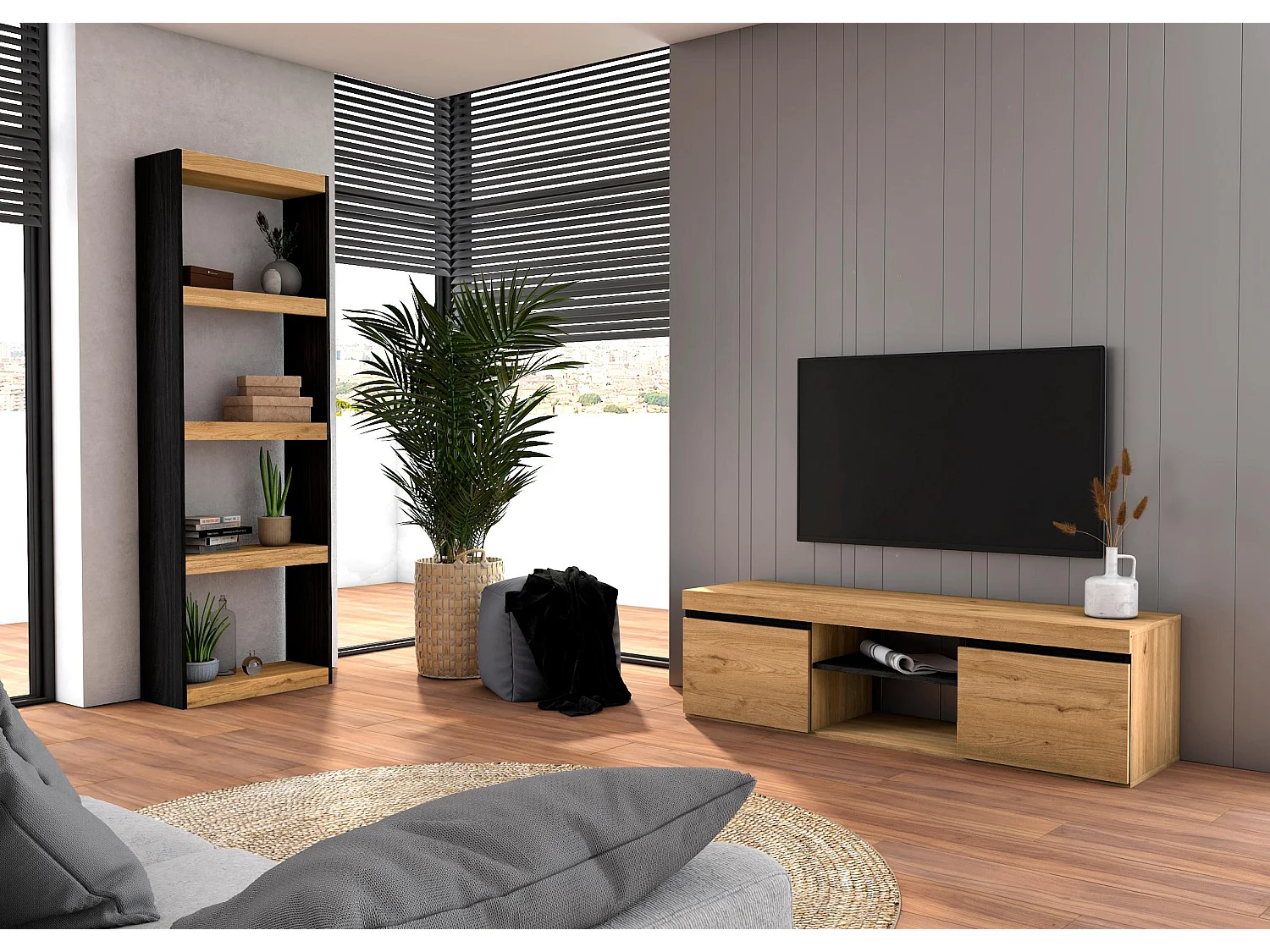 Modulaire woonkamer set, Natuur- en totem -model, 140x40x41cm / 60x25x181cm, Tv -meubels en plank, Eik en zwart, Industriële stijl
