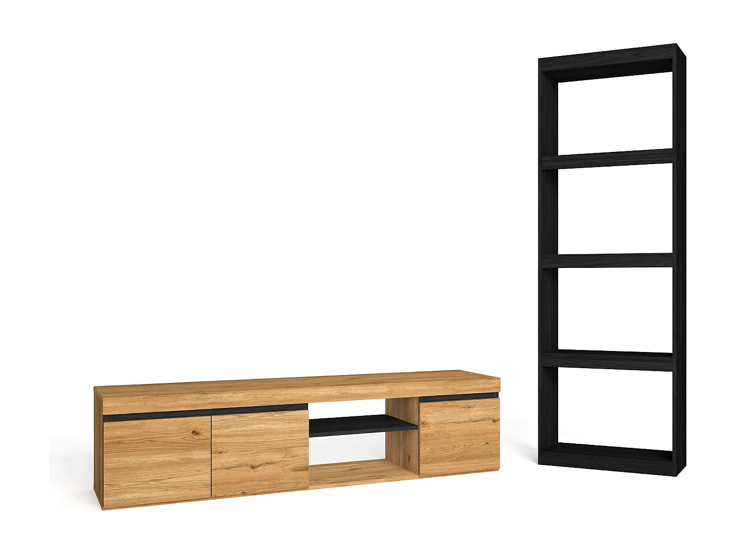 Ensemble NATURALE - Meuble TV 160 Couleur Chêne/Noir et Bibliothèque TOTEM Noire