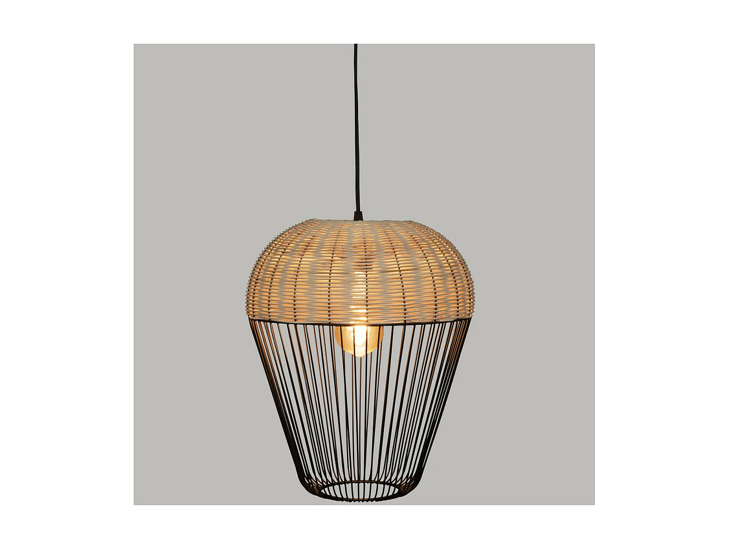 Luminaire Suspension en métal Noir et Rotin D 30.5 cm