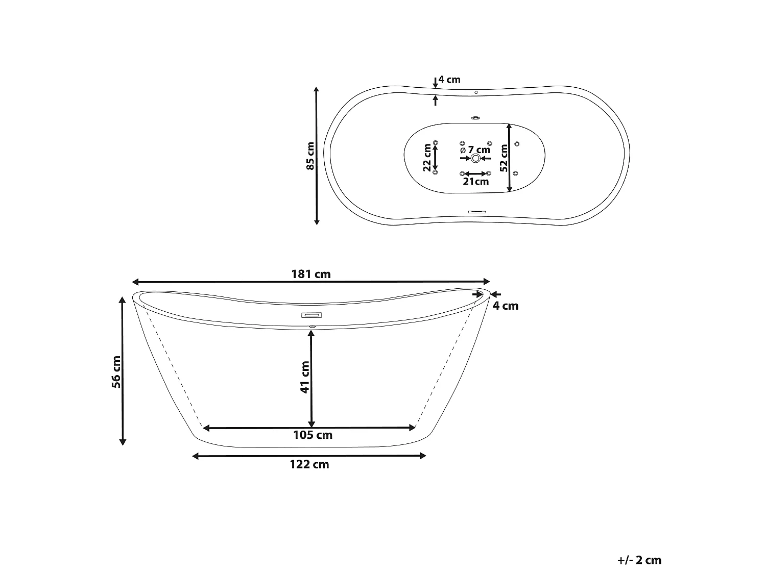 Whirlpool Badewanne freistehend weiß oval mit LED 180 x 85 cm ANTIGUA