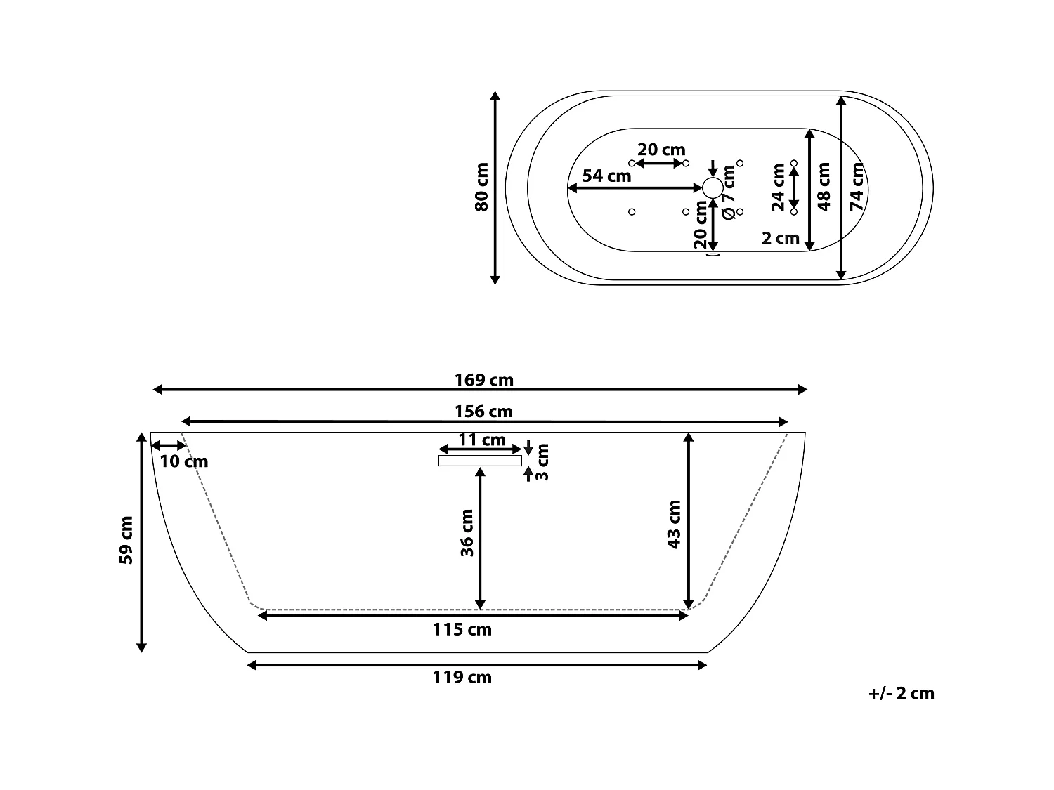 Vrijstaand bubbelbad met LED NEVIS 170 x 80 cm Wit