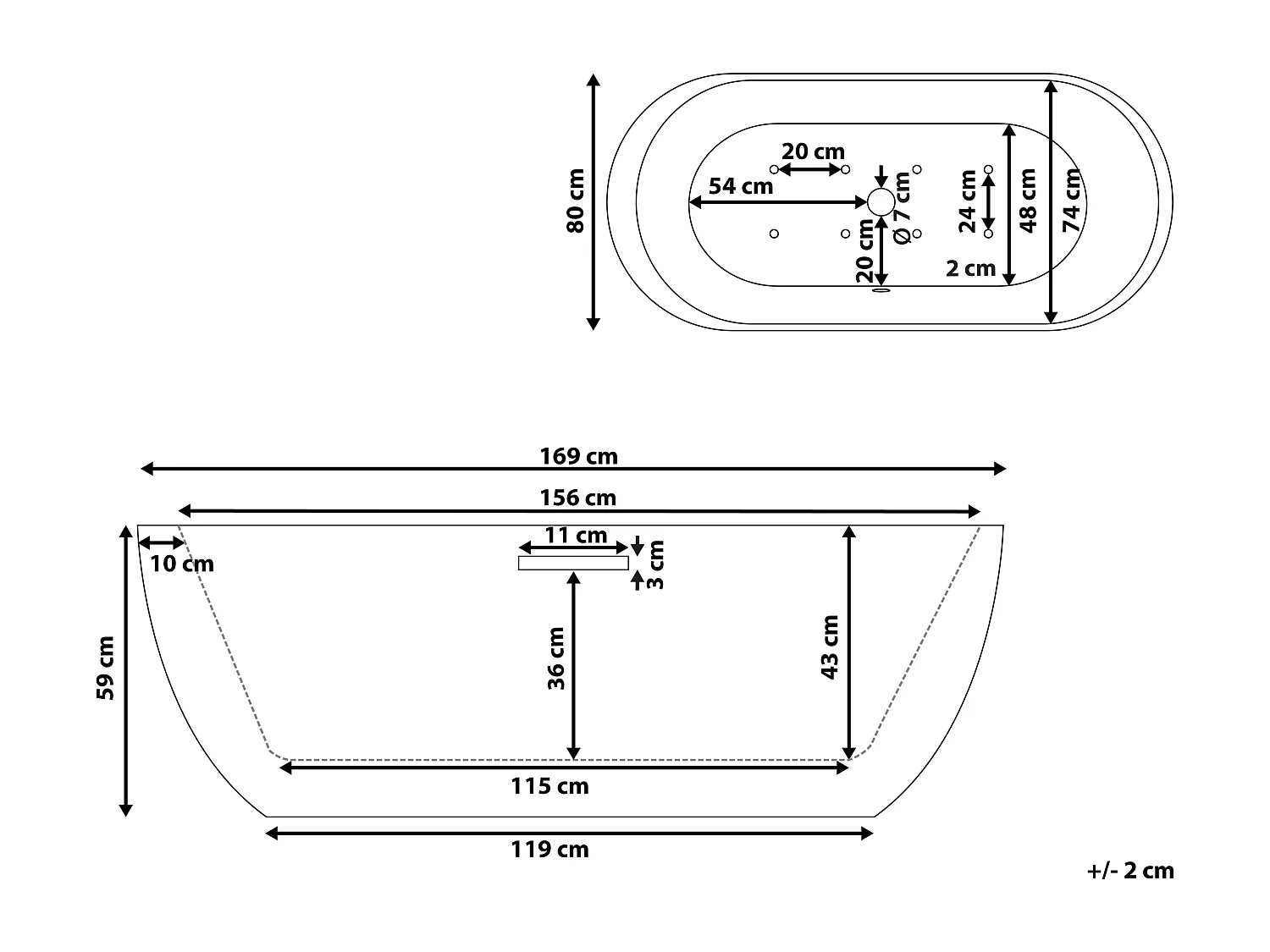 Baignoire balnéo îlot avec LED NEVIS 170 x 80 cm Blanc