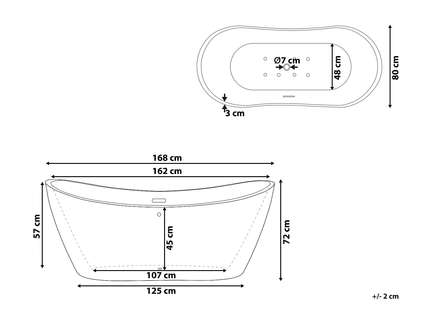 Vrijstaand bubbelbad met LED ANTIGUA 168 x 80 cm Wit