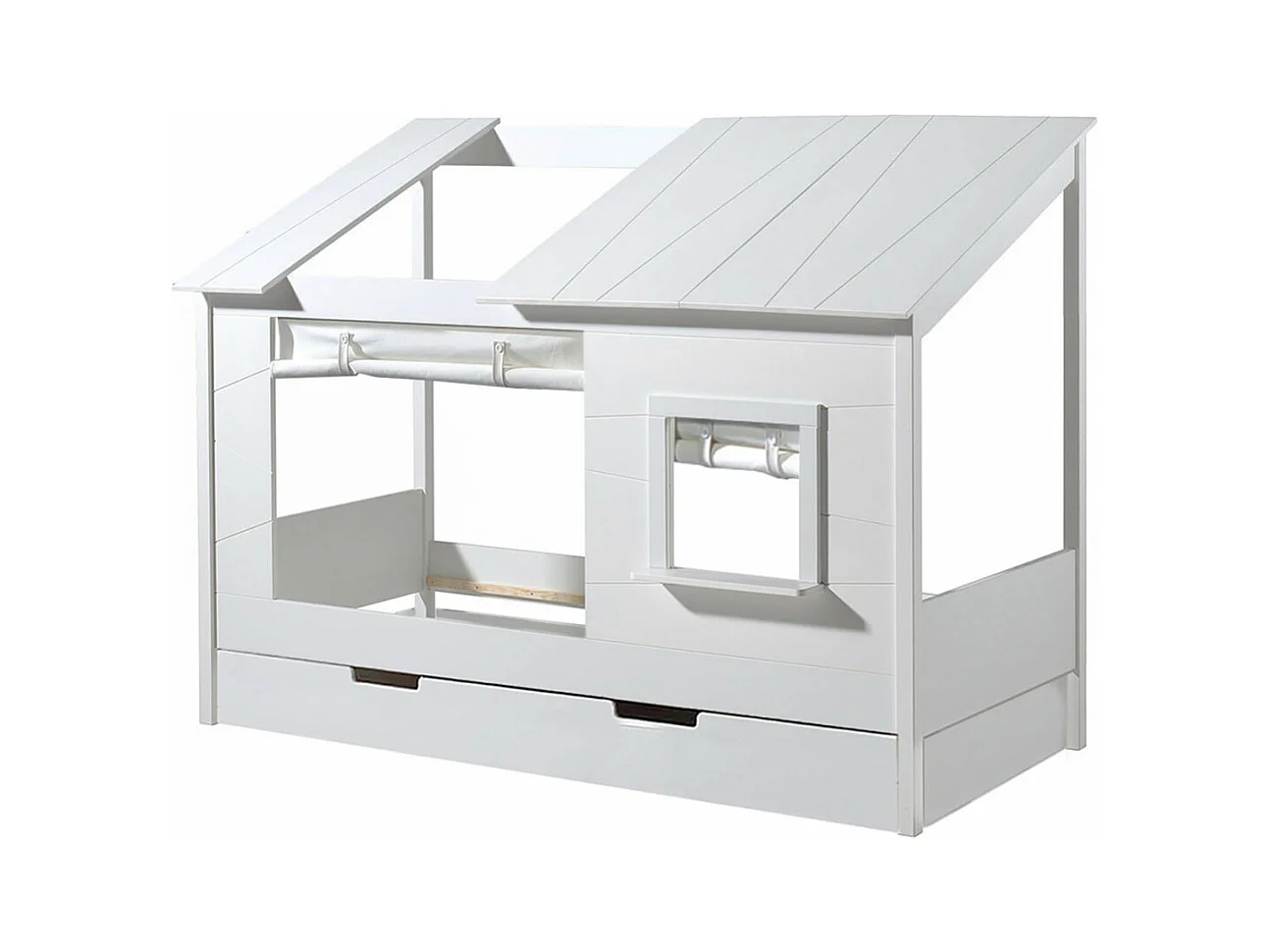 LAKA - Lit Maison 90x200cm Blanc avec Fenêtre + Tiroir et Rideaux