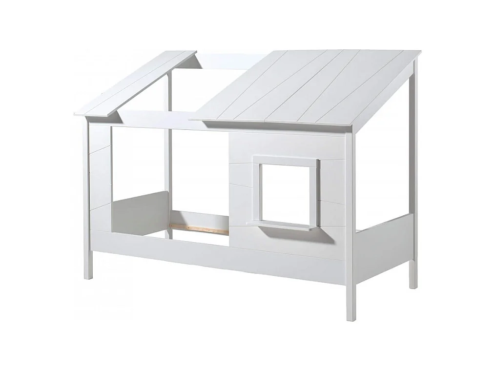 LAKA - Lit Maison 90x200cm Blanc avec Fenêtre + Tiroir et Rideaux