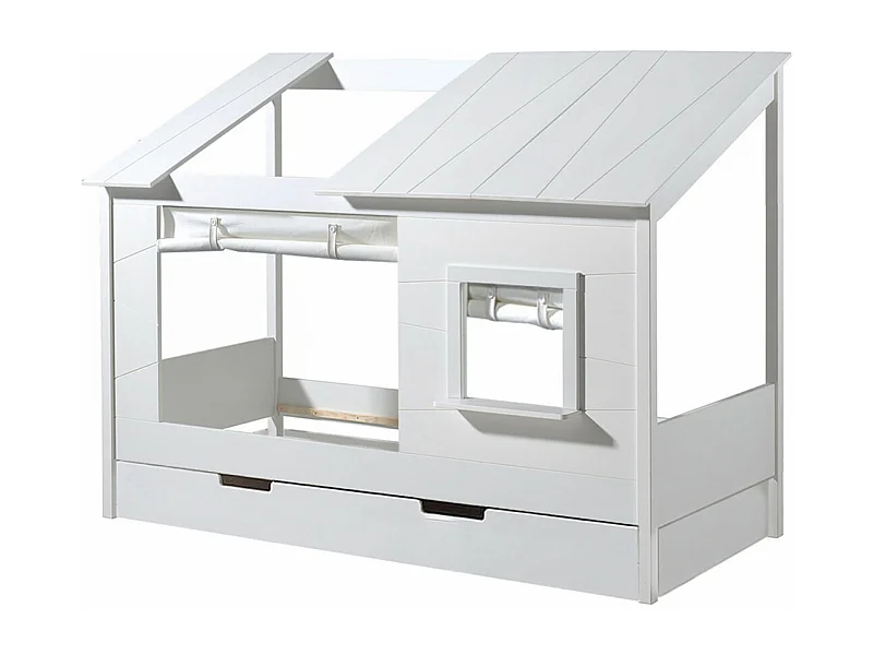 LAKA - Lit Maison 90x200cm Blanc avec Fenêtre + Tiroir et Rideaux