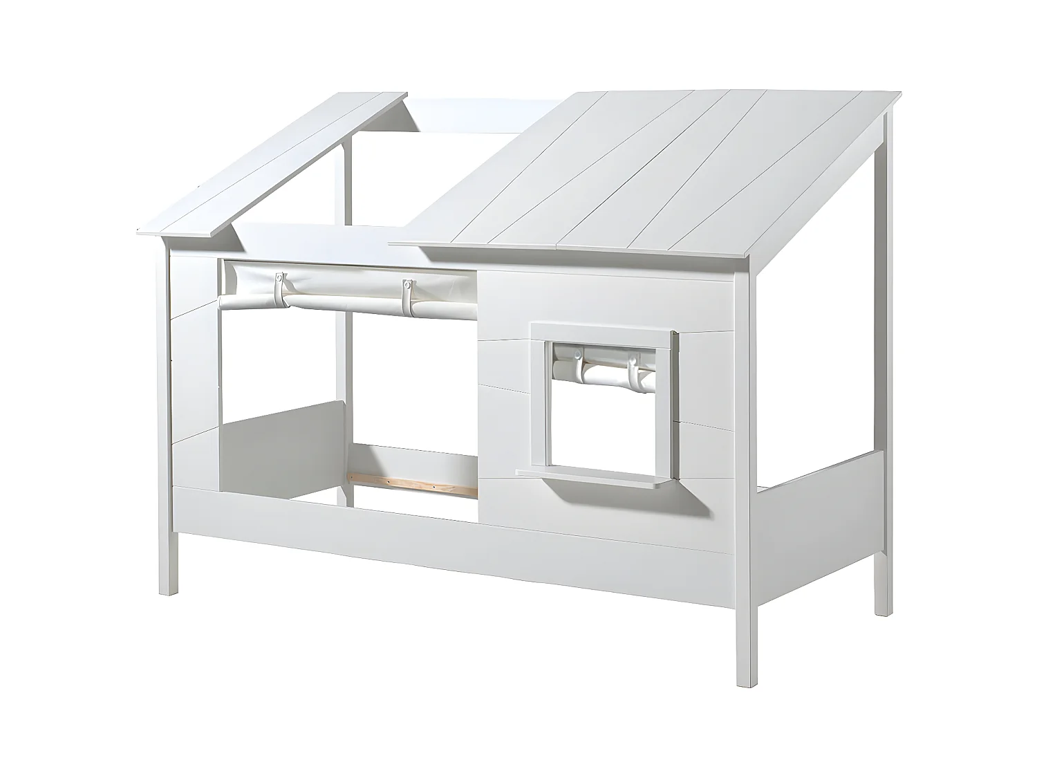 LAKA - Lit Maison 90x200cm Blanc avec Fenêtre + Rideaux