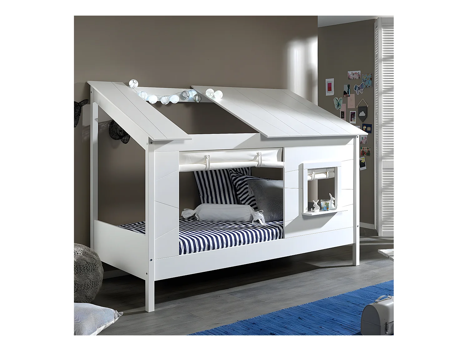 LAKA - Lit Maison 90x200cm Blanc avec Fenêtre + Rideaux