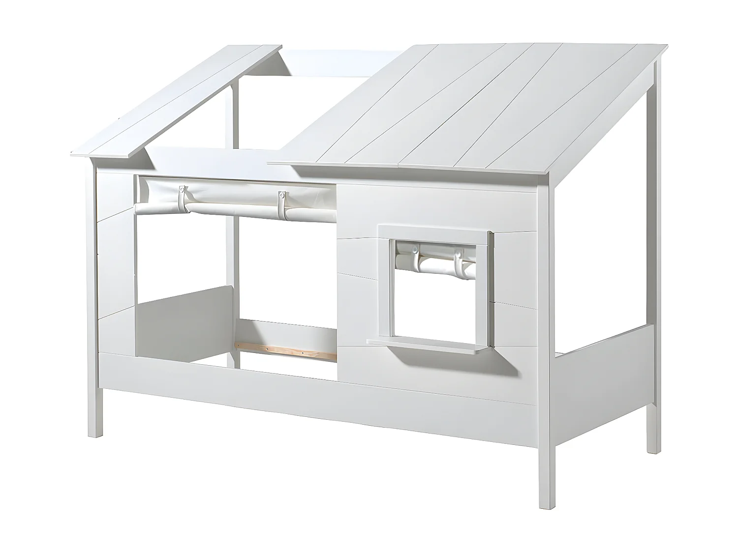 LAKA - Lit Maison 90x200cm Blanc avec Fenêtre + Rideaux