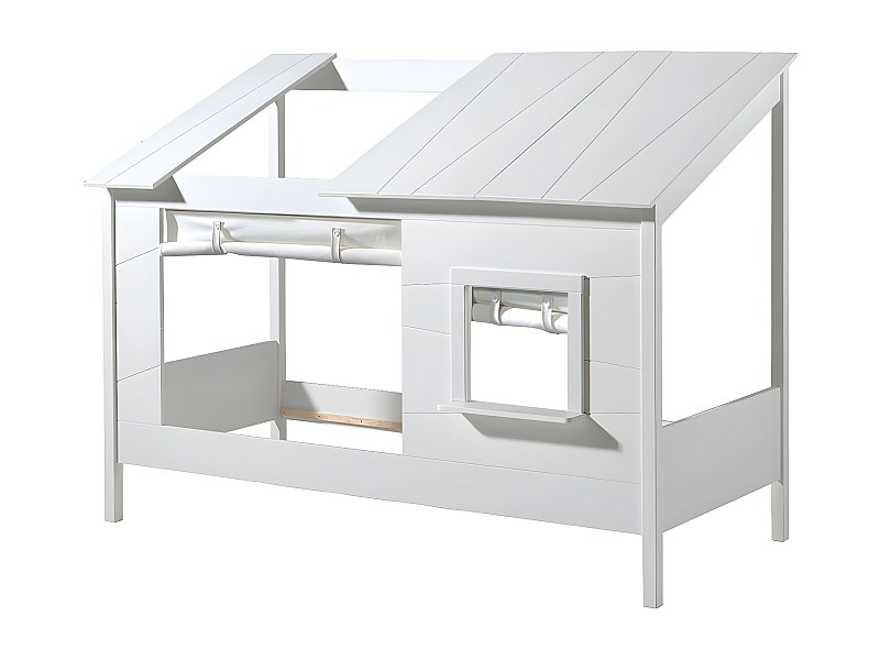 LAKA - Lit Maison 90x200cm Blanc avec Fenêtre + Rideaux