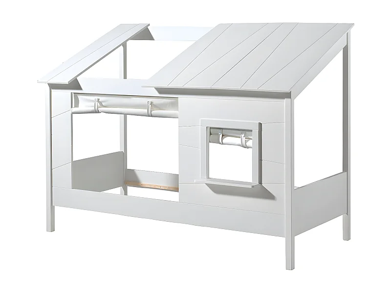 LAKA - Lit Maison 90x200cm Blanc avec Fenêtre + Rideaux