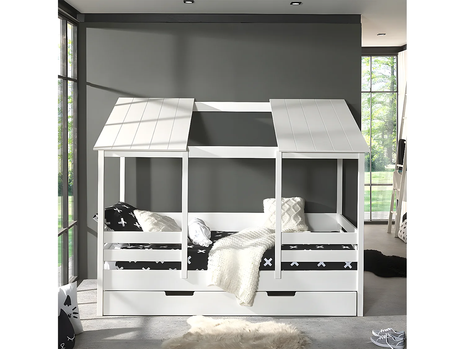 LAKA - Lit Maison 90x200cm Blanc Toit Semi-Ouvert avec Tiroir