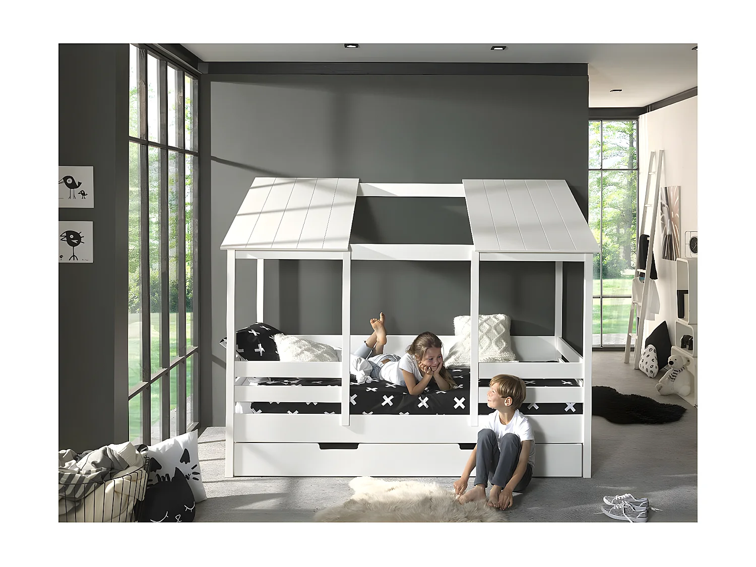 LAKA - Lit Maison 90x200cm Blanc Toit Semi-Ouvert avec Tiroir