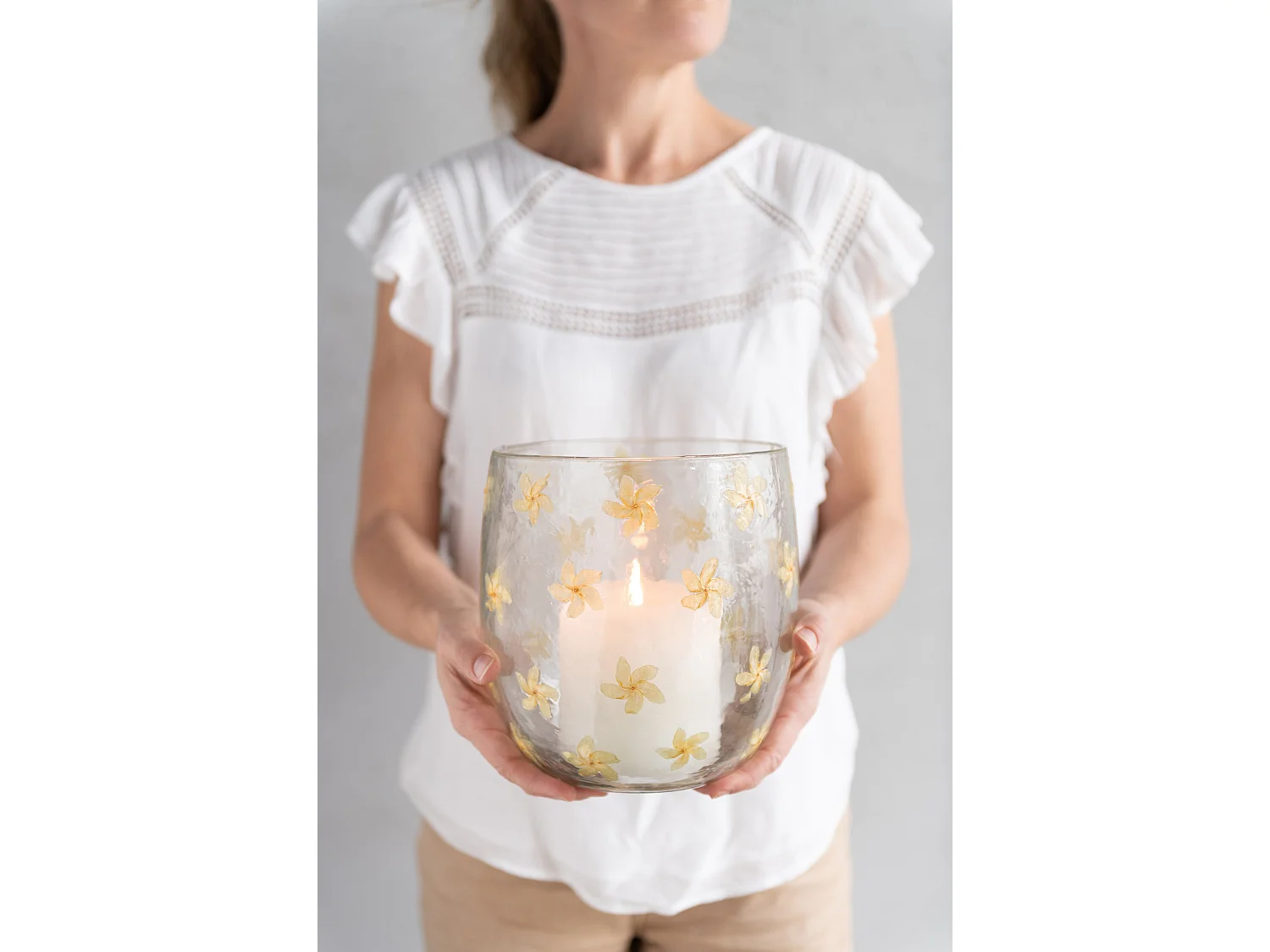 Photophore Design en Verre "Fleurs" 20cm Jaune