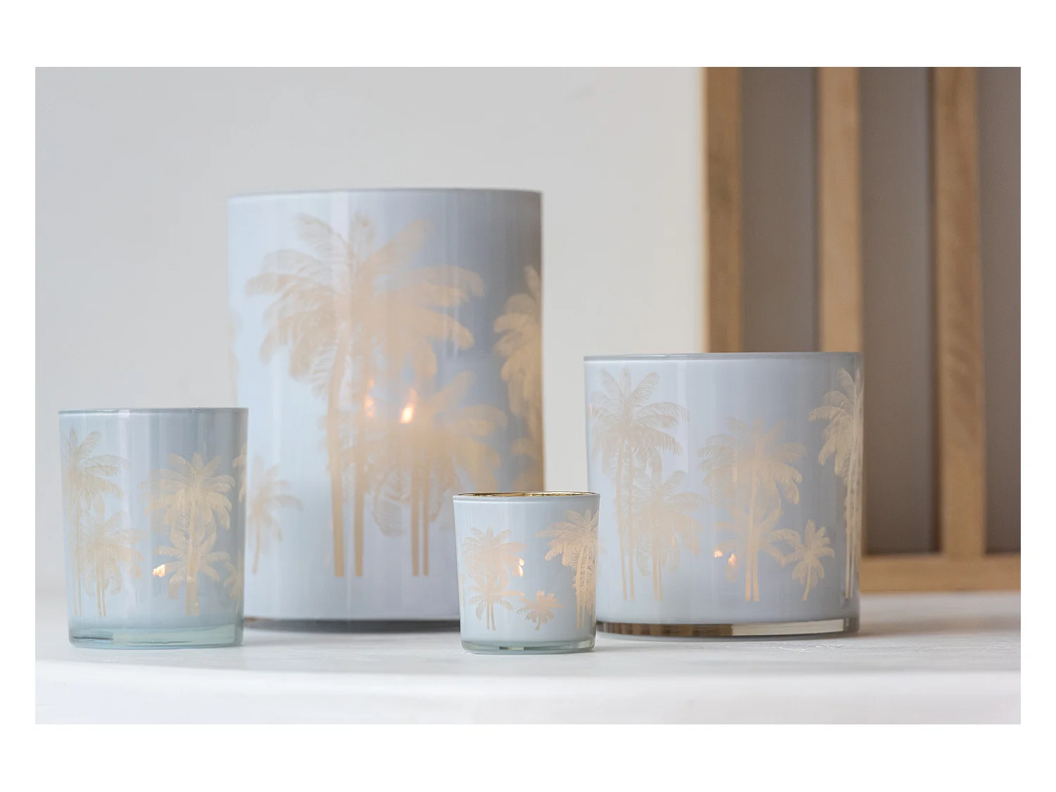 Photophore Design "Palmier" 24cm Bleu & Or