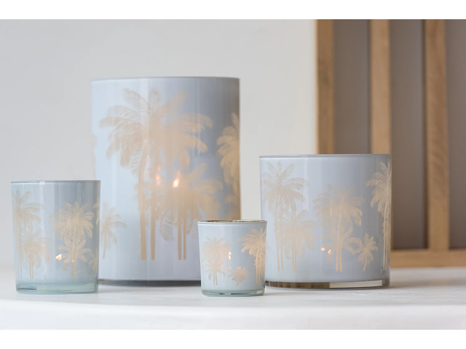 Photophore Design "Palmier" 24cm Bleu & Or