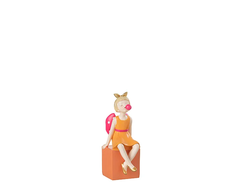 Statuette Fille Assis "Bulle" 20cm Orange & Rose
