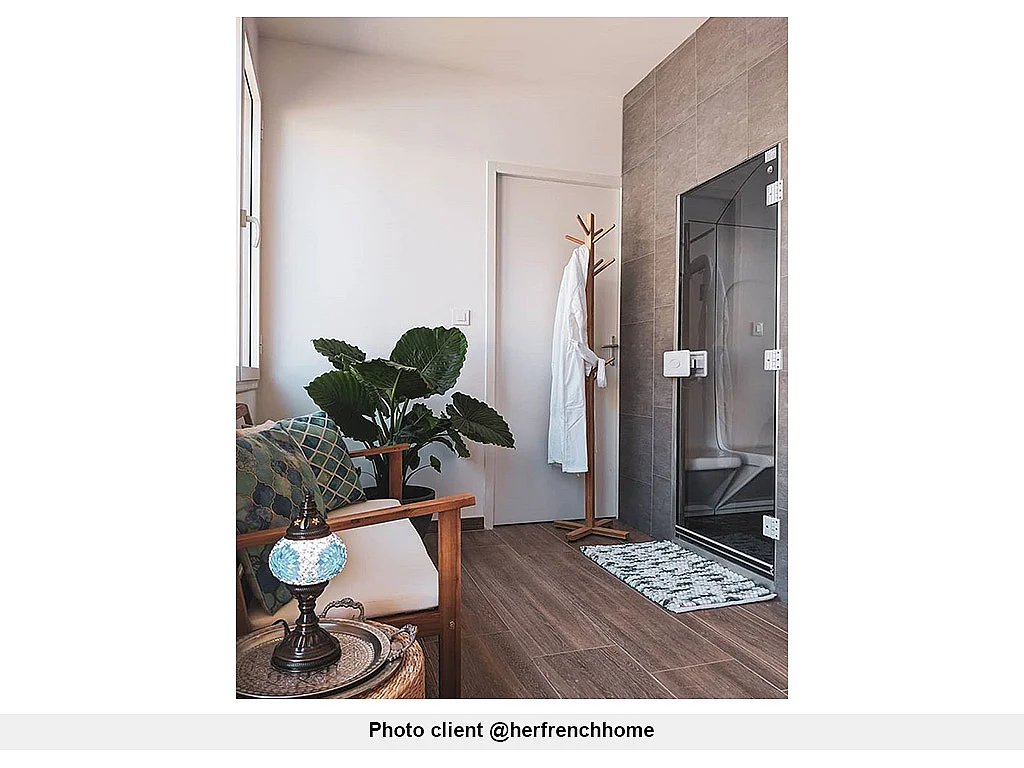 Hammam 2 places droit MYLOO avec sièges ergonomiques, contrôle extérieur et sonde de température