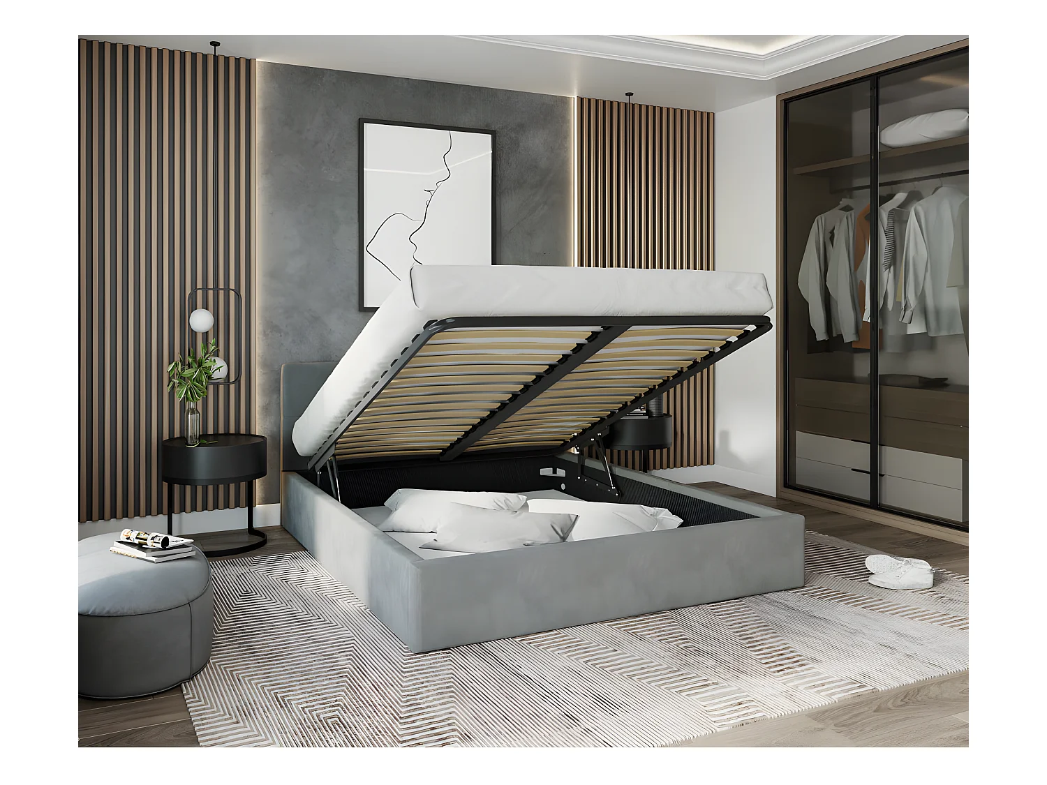 Lit Coffre Rino 160 x 200 cm - Sommier inclus Gris clair