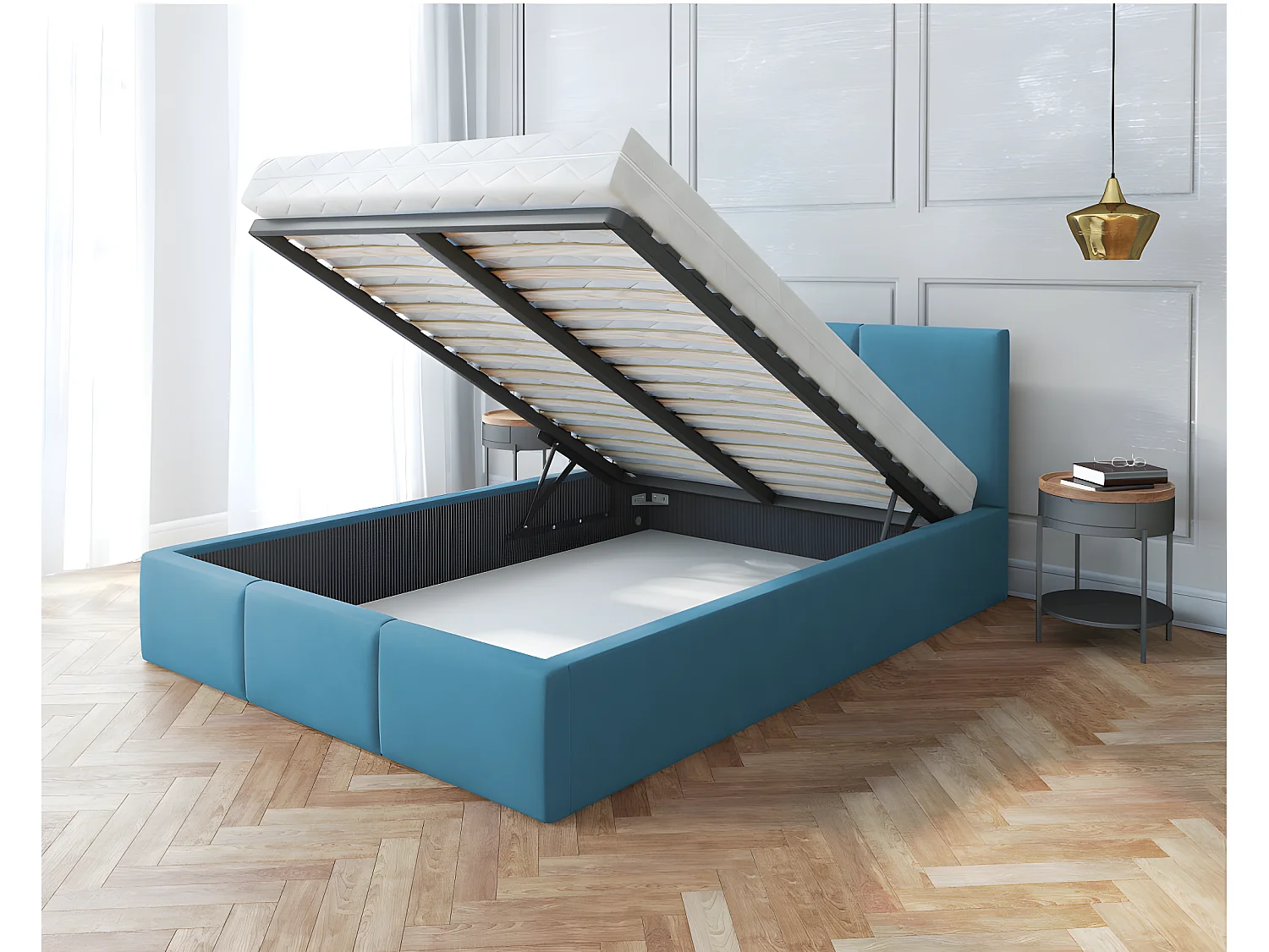 Lit Double Tesia 160x200 + coffre - Sommier inclus Azur