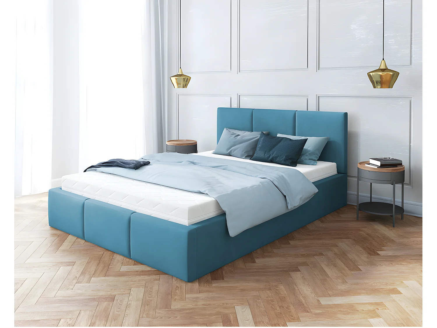 Lit Double Tesia 160x200 + coffre - Sommier inclus Azur