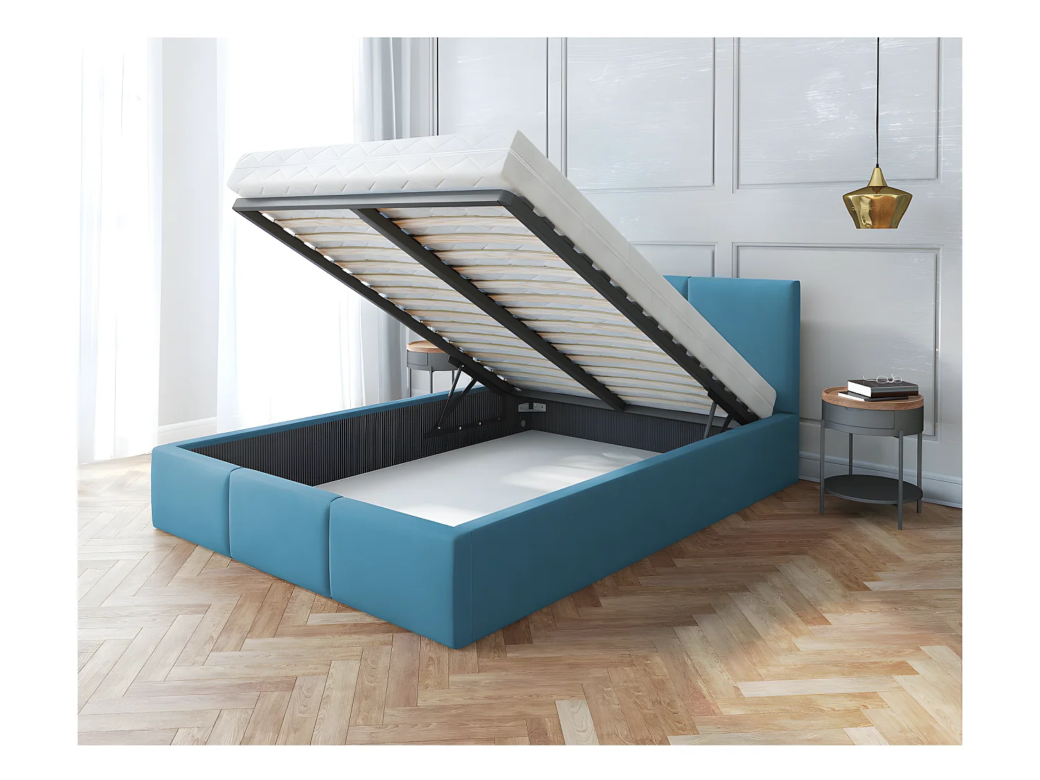 Lit Double Tesia 140x190 + Coffre - Sommier inclus Azur