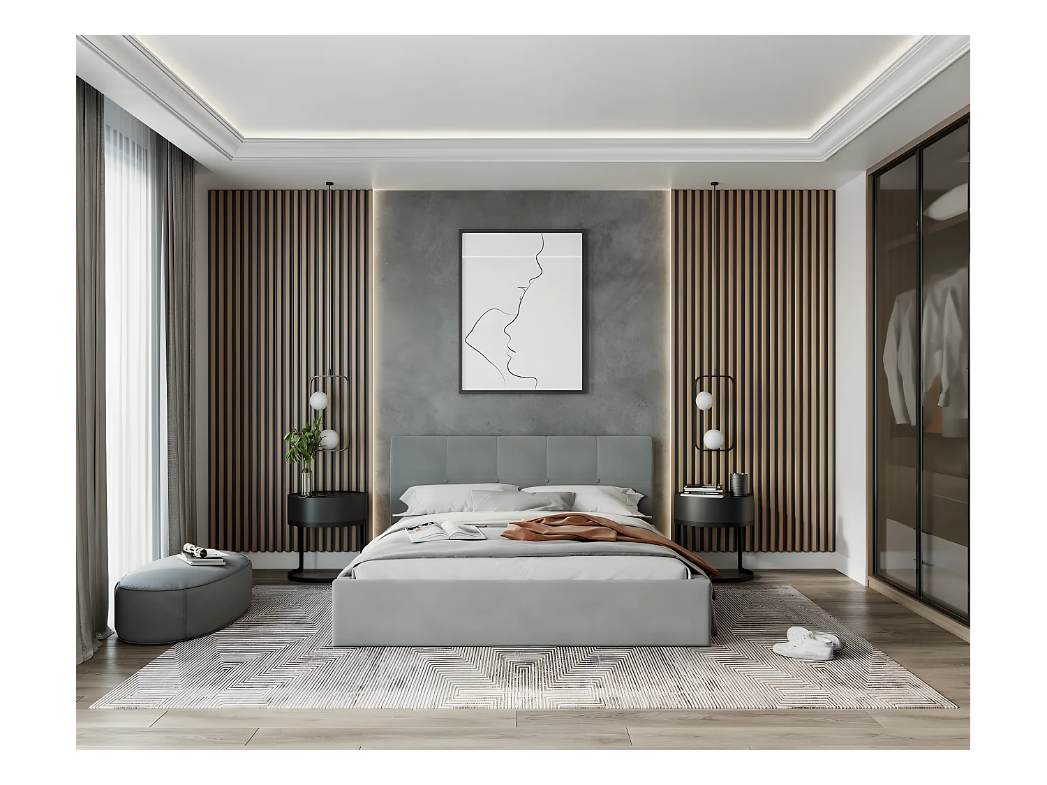 Lit Coffre Rino 140x190 cm - Sommier inclus Gris clair