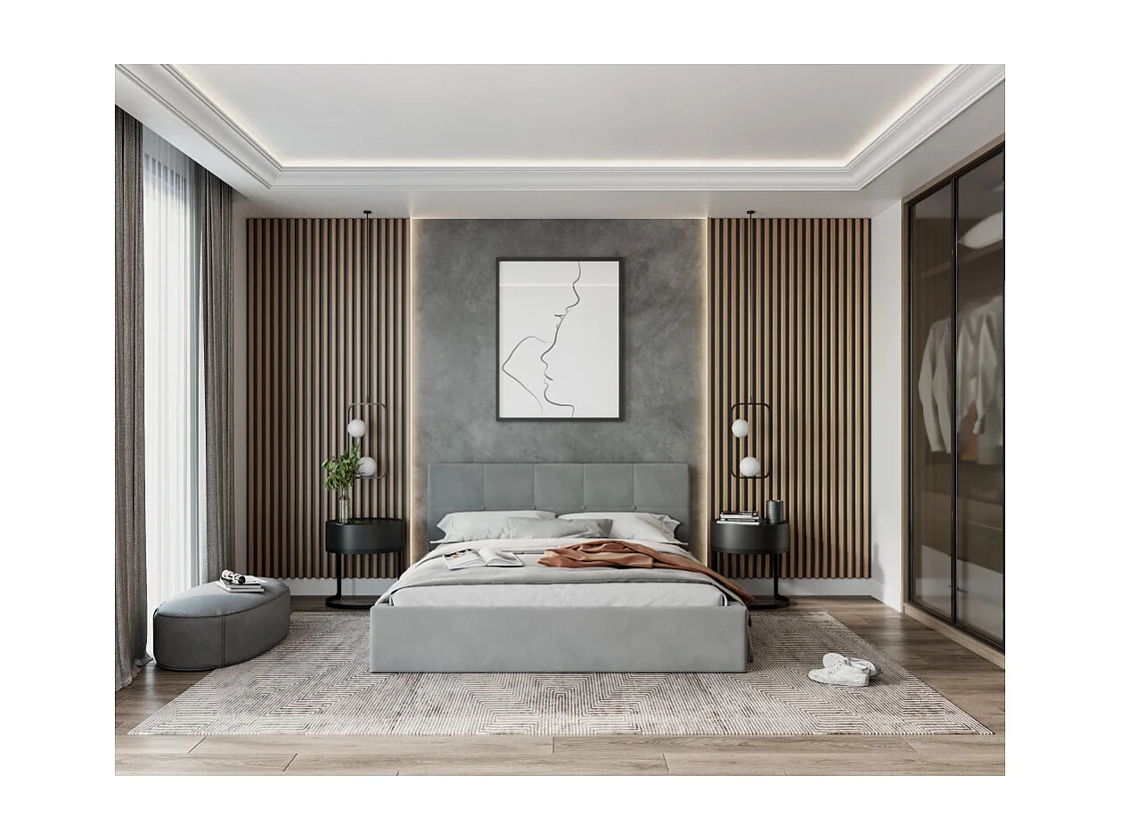 Lit Coffre Rino 140x190 cm - Sommier inclus Gris clair