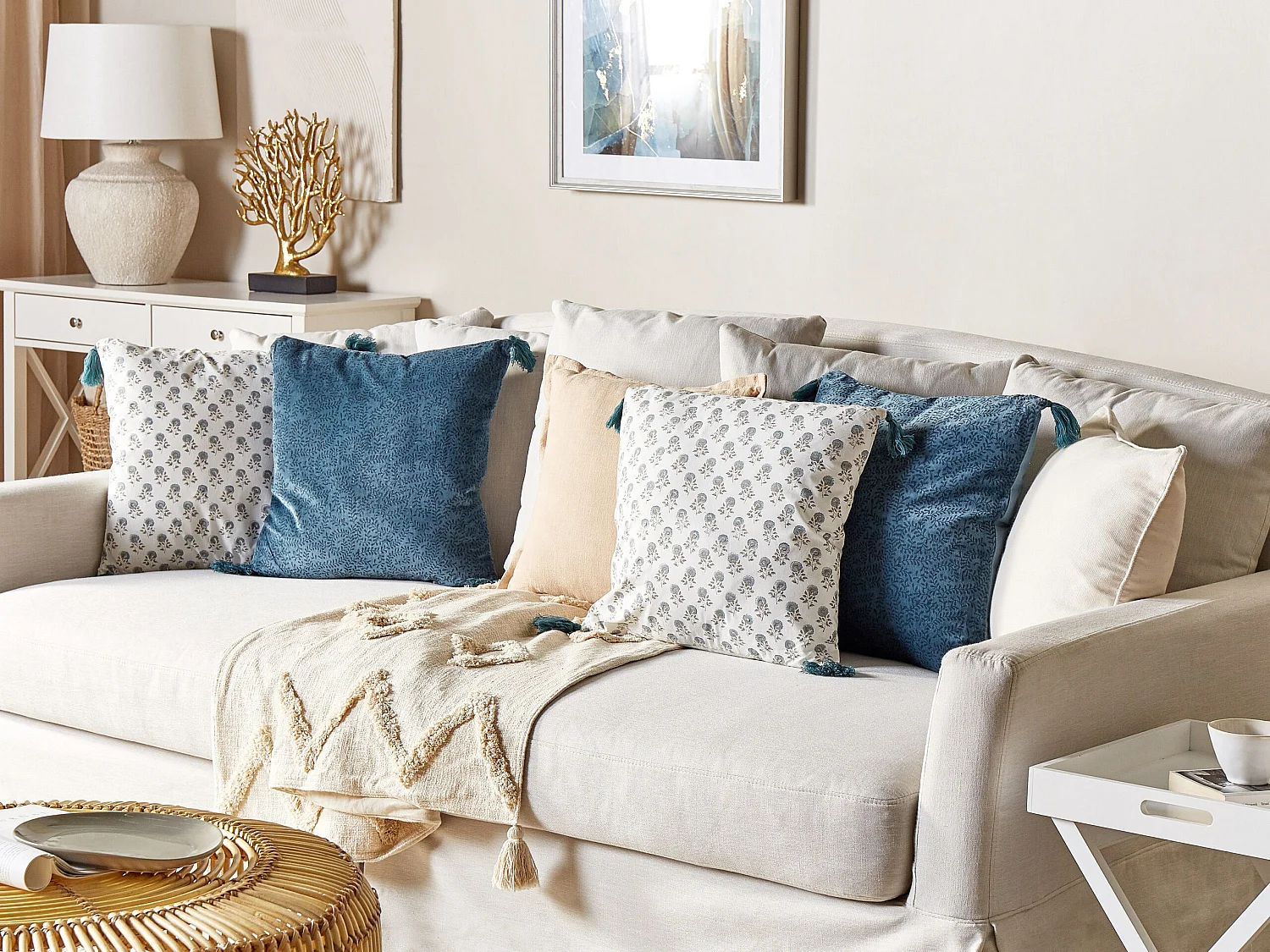 Conjunto de 2 almofadas decorativas SETARIA Veludo 45 x 45 cm Azul escuro Padrão de plantas