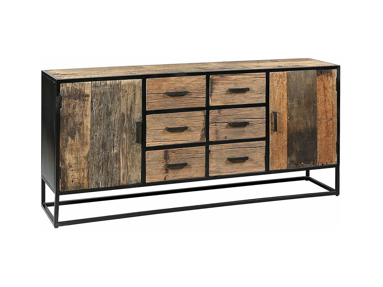 TANETOA - Buffet 2 Portes 6 Tiroirs en Teck Recyclé et Métal