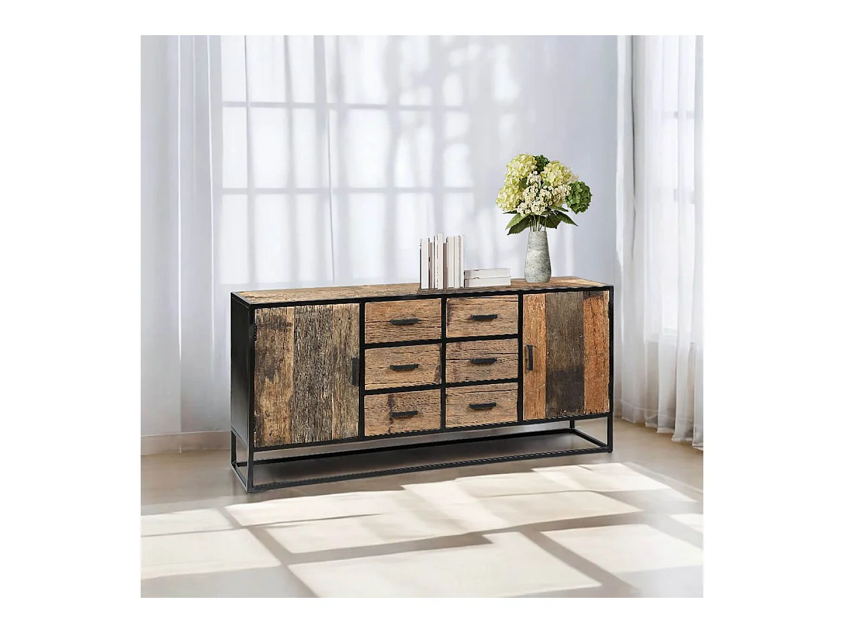 TANETOA - Buffet 2 Portes 6 Tiroirs en Teck Recyclé et Métal