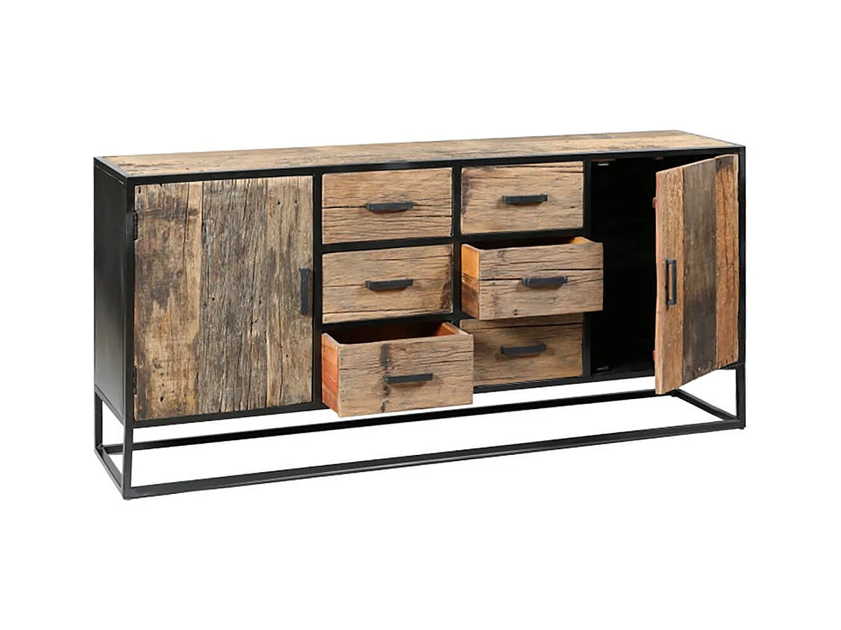 TANETOA - Buffet 2 Portes 6 Tiroirs en Teck Recyclé et Métal