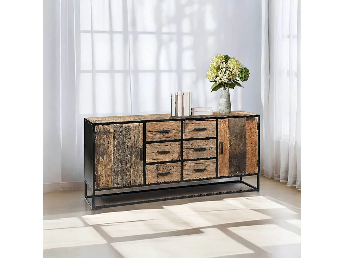 TANETOA - Buffet 2 Portes 6 Tiroirs en Teck Recyclé et Métal