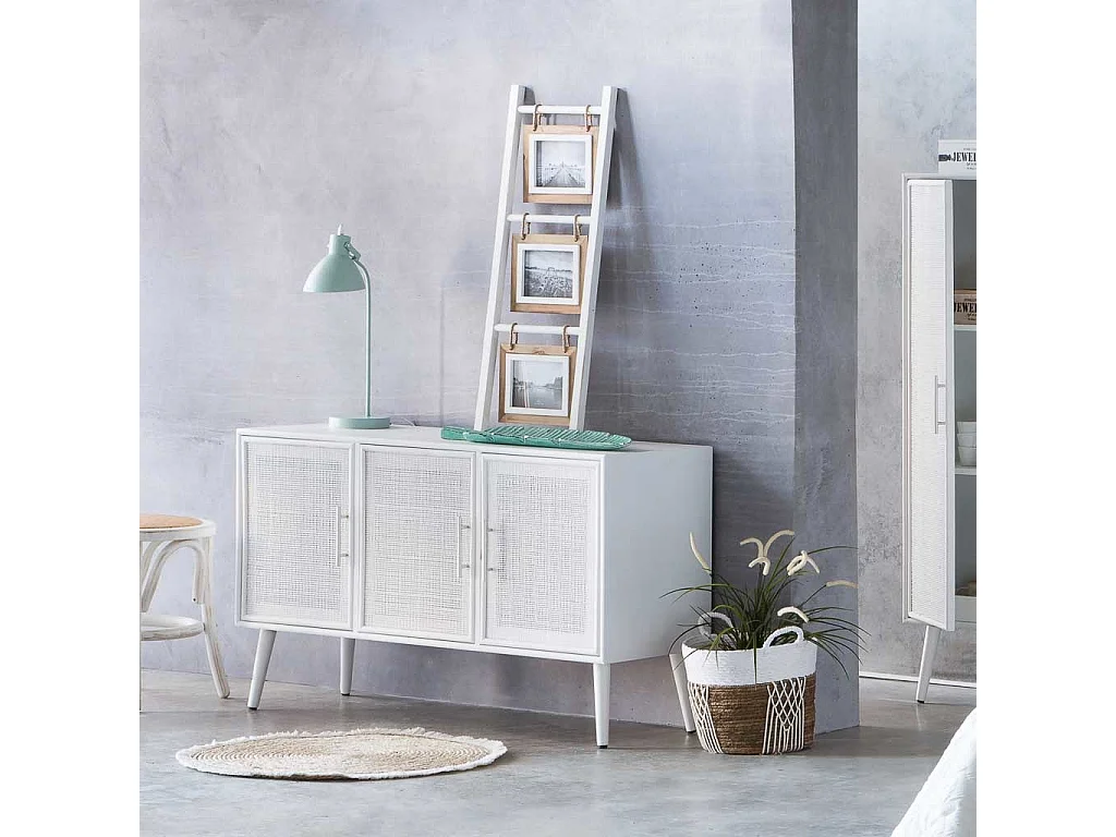 Aparador de madera y rejilla blanco 120x41.5x71