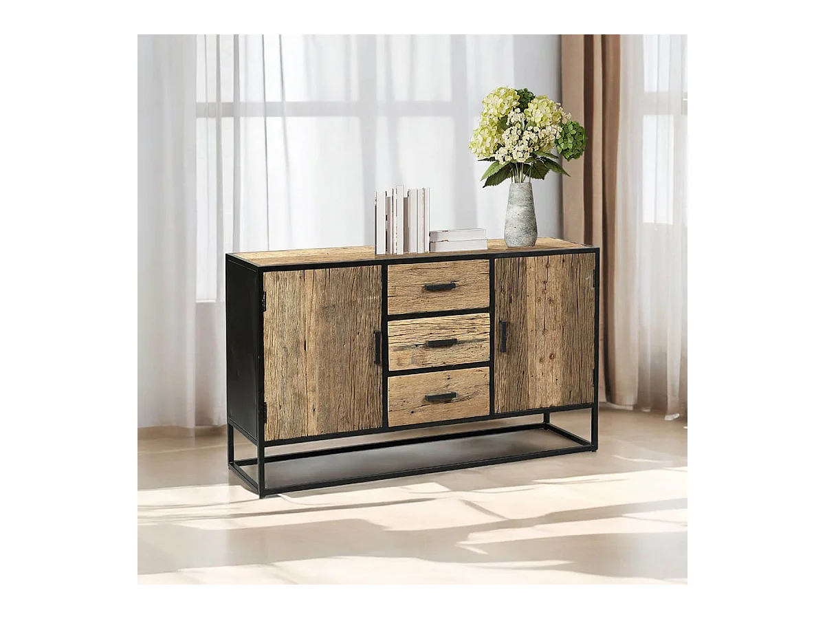 TANETOA - Buffet 2 Portes 3 Tiroirs en Teck Recyclé et Métal