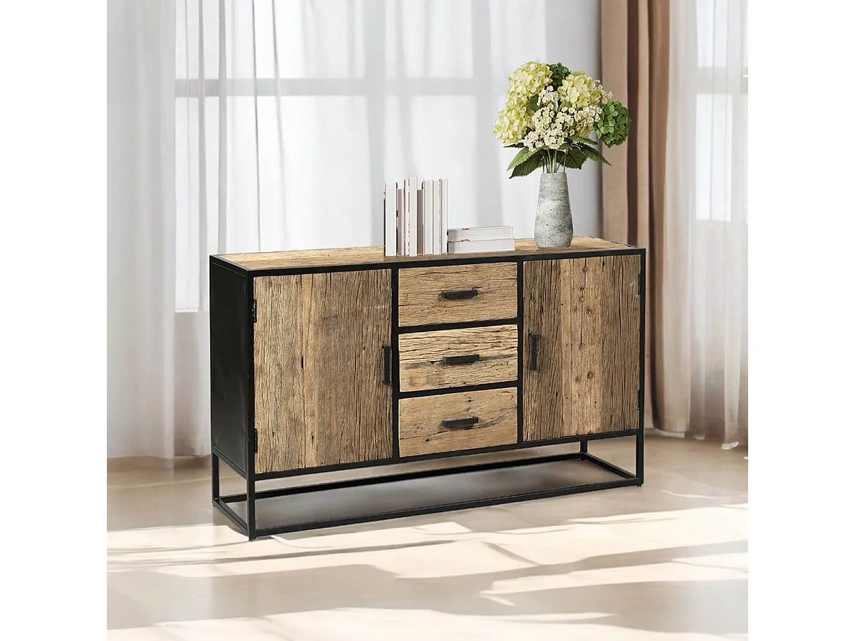 TANETOA - Buffet 2 Portes 3 Tiroirs en Teck Recyclé et Métal