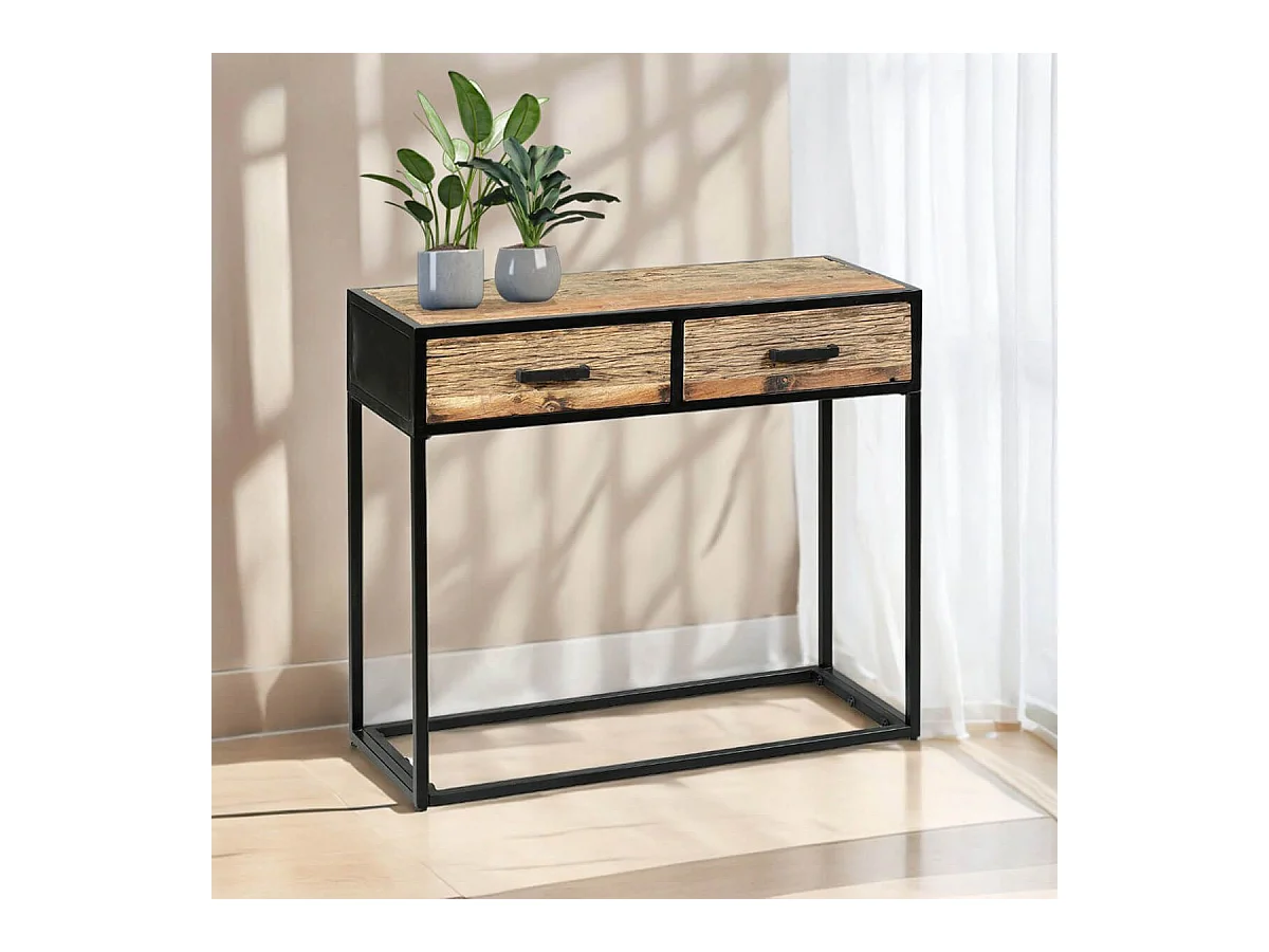 TANETOA - Console 2 Tiroirs en Teck Recyclé et Métal
