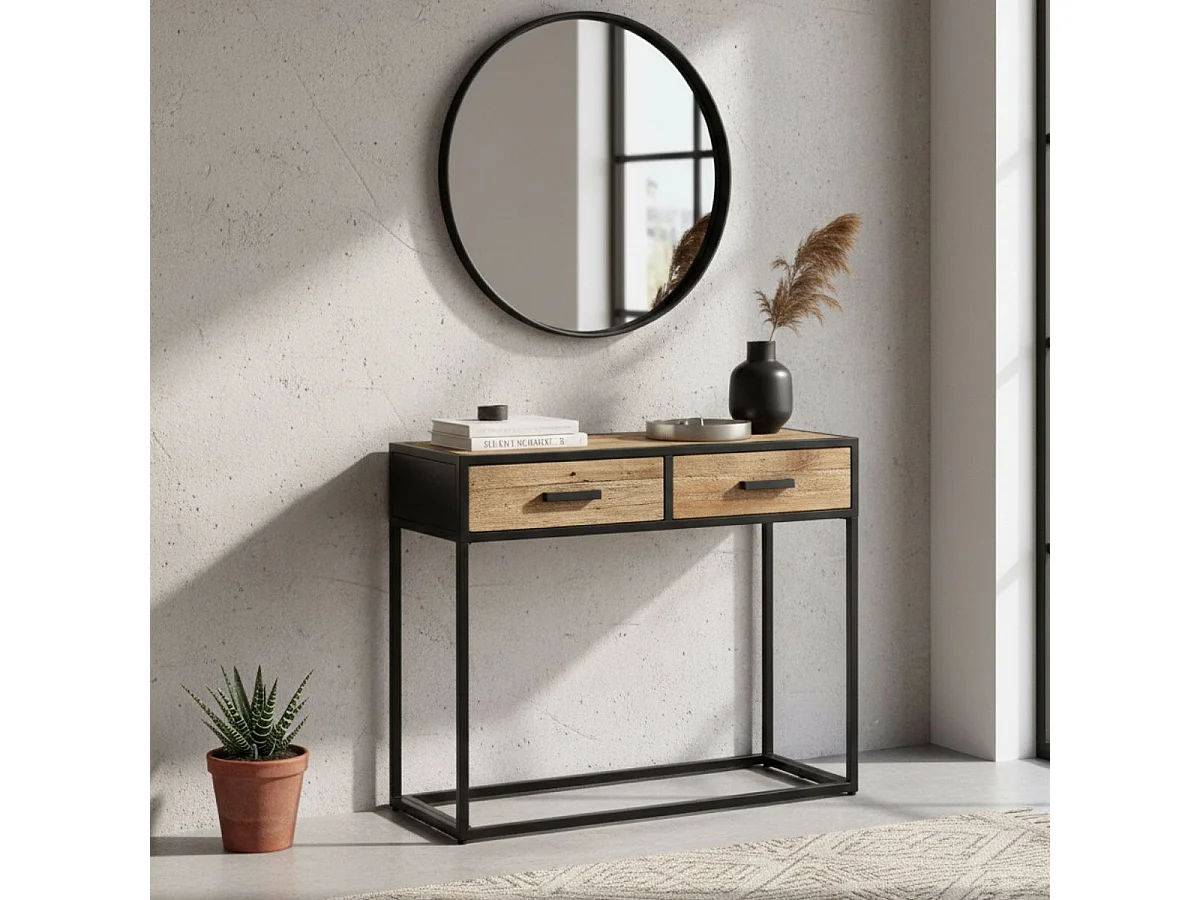 TANETOA - Console 2 Tiroirs en Teck Recyclé et Métal