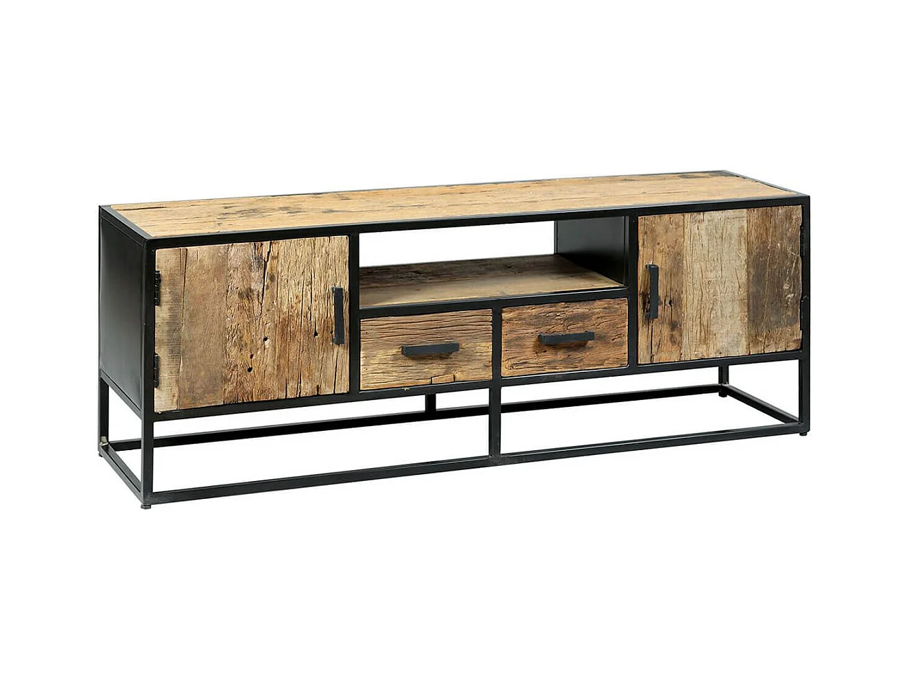 TANETOA - Meuble TV 2 Portes 2 Tiroirs en Teck Recyclé